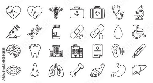 Medical and healthcare icons illustration with human organs and symbols