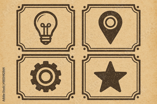 Four black icons in ornate frames: light bulb, location pin, gear, and star on vintage background.
