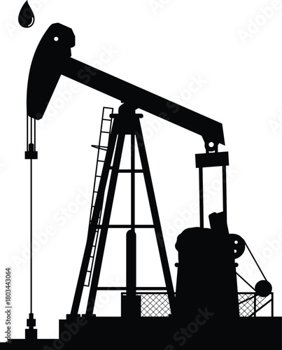 Oil pumpjack silhouette vector illustration. Industrial petroleum energy extraction machine. Black gas industry derrick rig icon isolated on white background.