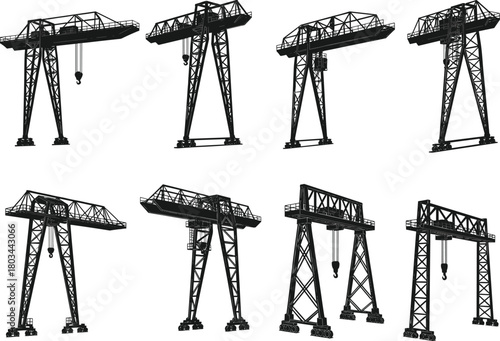 Gantry crane vector icon set. Industrial heavy lifting machinery silhouettes. Construction and port equipment graphics. Isolated on white background.