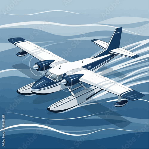 Illustration of a seaplane speeding across the water, creating ripples on the blue surface.