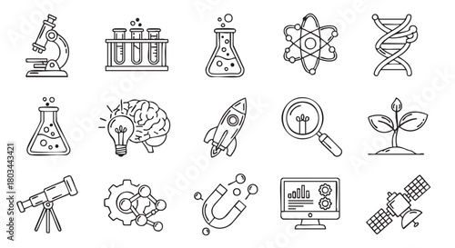 Science and innovation icon set featuring microscope test tubes telescope and brain
