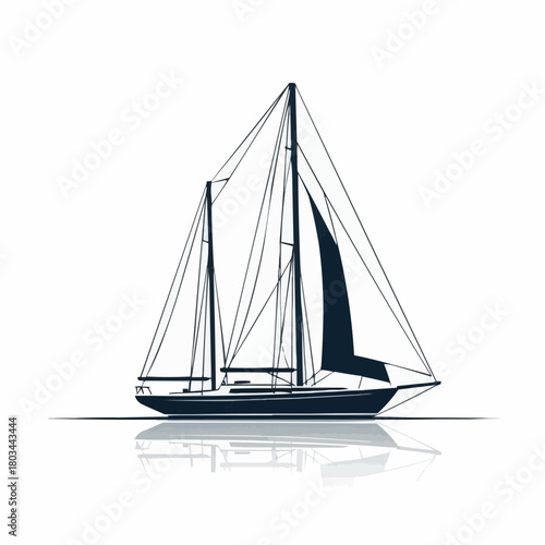 A stylized illustration of a sailboat with dark blue hull, sails, and rigging, reflected on a white surface.