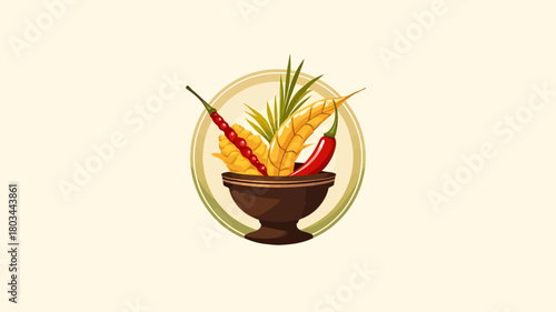 a decorative circular emblem featuring natural herbal elements and a bowl of paste arranged in a badge style.