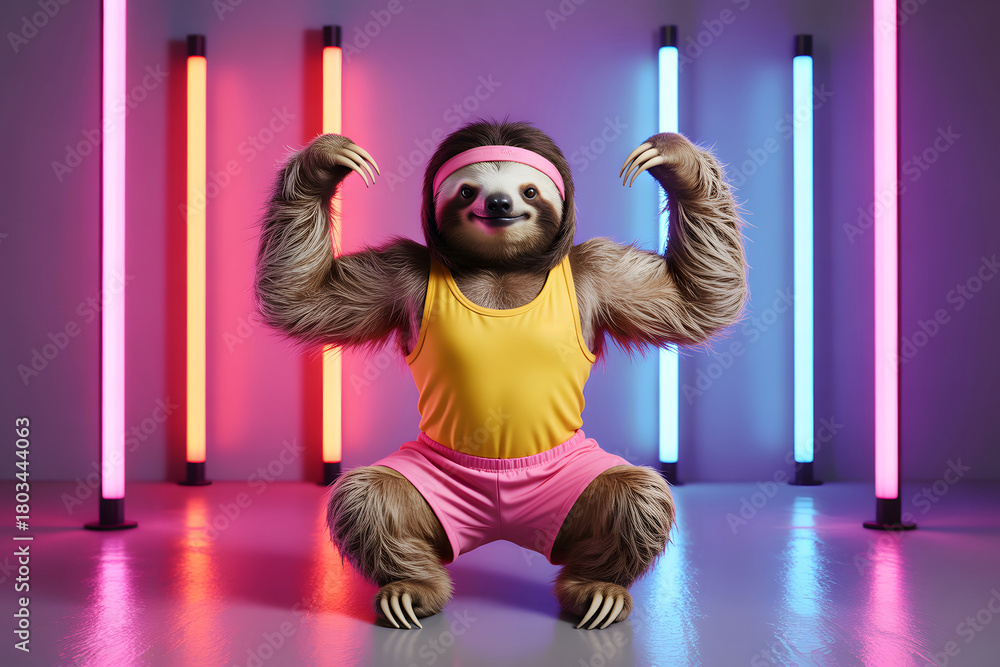 Naklejka premium Sloth in athletic wear posing with neon lights