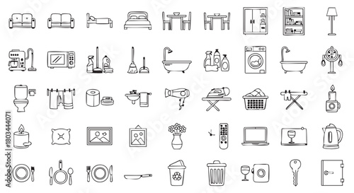 Set of household objects and furniture vector illustration black and white