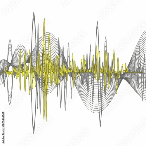 Abstract representation of sound waves, featuring overlapping gray and yellow lines forming a dynamic waveform pattern against a white background.