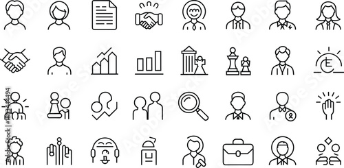 Business line icons set, teamwork, leadership, strategy, analytics, handshake, communication, corporate management symbols, professional people avatars, finance, office concepts