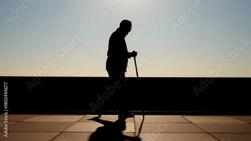 Silhouette of limping man walking with a cane, long shadow on pavement. Concept for disability, old age, blind person, dramatic life