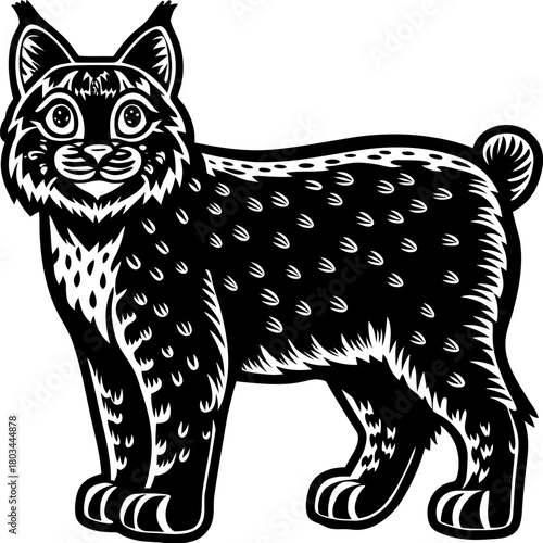 A stylized black and white illustration of a bobcat. The bobcat is depicted in a standing pose, facing the viewer with a friendly expression and open eyes. The bobcat features distinct tufted ears, a 