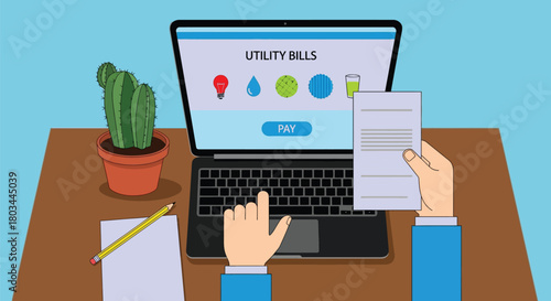 Online utility bill payment concept with laptop and hand illustration