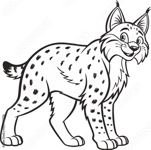 A stylized black and white illustration of a bobcat. The bobcat is depicted in a standing pose, facing the viewer with a friendly expression and open eyes. The bobcat features distinct tufted ears, a 