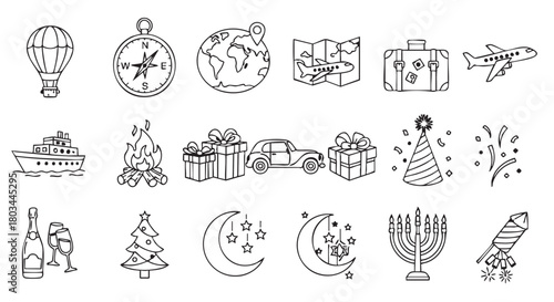Travel and Celebration Doodle Icons Hot Air Balloon Adventure Elements