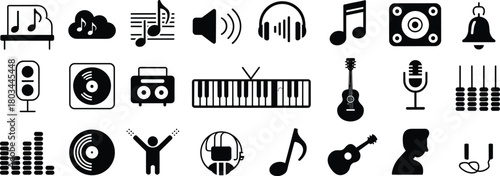 Music icons collection featuring instruments, audio symbols, headphones, speakers, notes, equalizers, recording tools, perfect for digital design, creative media, and multimedia projects
