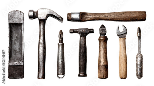 Collection of vintage hand tools isolated on transparent background