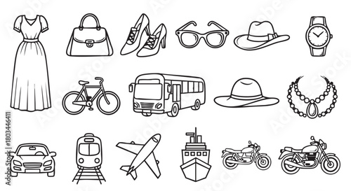 Variety of transportation methods and fashion accessories outlined simply