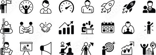 Business and leadership icons collection, teamwork symbols, growth and success illustrations, motivation vector set, training, coaching, presentation, productivity, professional development graphics