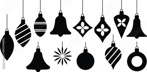 Christmas ornament silhouettes, holiday hanging decorations, festive baubles, bells, seasonal shapes, black vector icons, winter decor design elements illustration