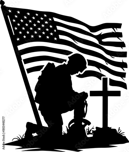 Kneeling Soldier American Flag