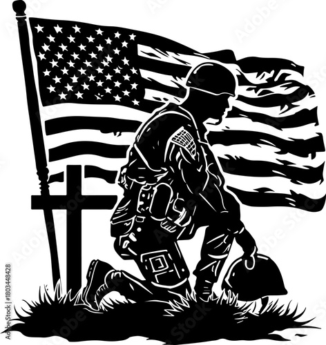 Kneeling Soldier American Flag
