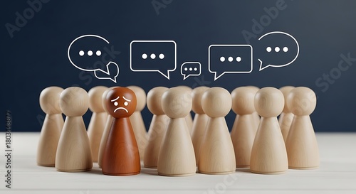 Conceptual image of a sad brown wooden figure standing out from a group of white figures, representing social exclusion