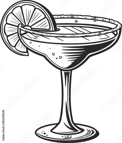 A classic margarita cocktail illustration, centered in the frame, rendered in a monochrome, high-contrast style. The cocktail glass, a wide-brimmed margarita glass, features a salt-rimmed edge and a p