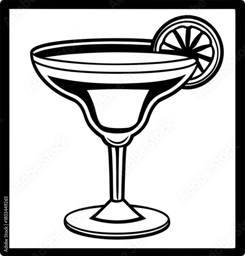 A classic margarita cocktail illustration, centered in the frame, rendered in a monochrome, high-contrast style. The cocktail glass, a wide-brimmed margarita glass, features a salt-rimmed edge and a p
