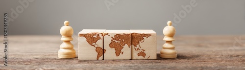 International Economic Policy Framework, World map blocks and chess pieces on a wooden surface.