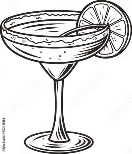 A classic margarita cocktail illustration, centered in the frame, rendered in a monochrome, high-contrast style. The cocktail glass, a wide-brimmed margarita glass, features a salt-rimmed edge and a p