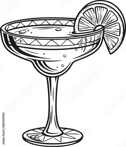 A classic margarita cocktail illustration, centered in the frame, rendered in a monochrome, high-contrast style. The cocktail glass, a wide-brimmed margarita glass, features a salt-rimmed edge and a p