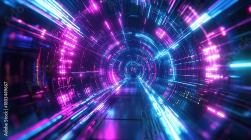 Fototapeta Naklejka Na Ścianę i Meble -  Navigating abstract data in a futuristic neon tunnel