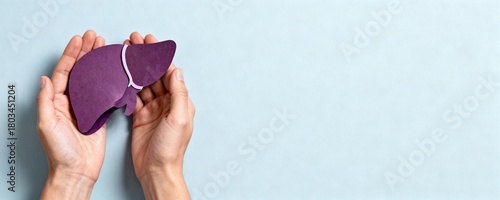 Hands holding a purple paper cutout of a human anatomical liver organ shape on a light blue background banner