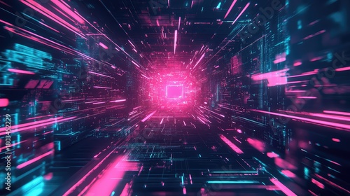 Fototapeta Naklejka Na Ścianę i Meble -  Abstract flying through neon digital data tunnel