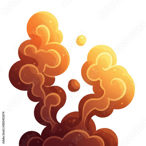 Stylized cartoon illustration of warm orange and brown smoke plumes with floating droplets on white background.