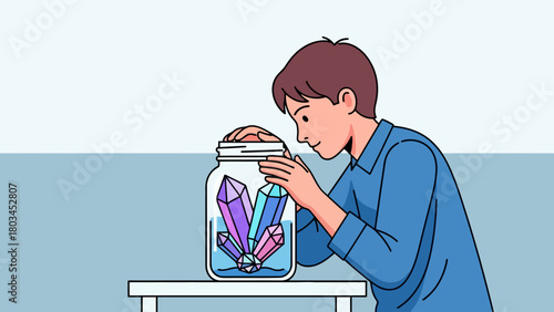 A boy looks at colorful crystals in a jar