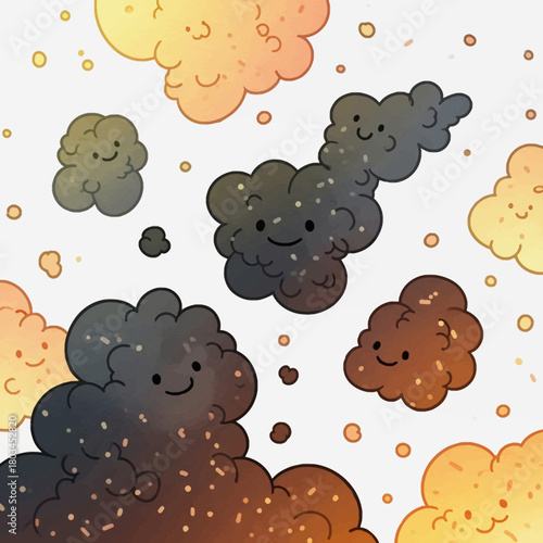 Cute cartoon clouds with smiling faces in various shades of grey, orange, and brown, surrounded by small particles.