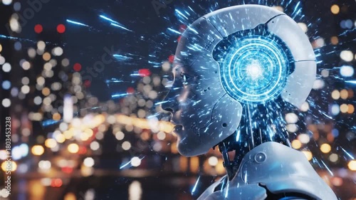 Advanced AI Robot Mind Engages Dynamic Holographic Data in a Futuristic Urban Night