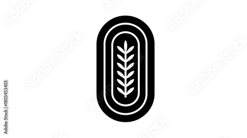 Minimalist black and white oval icon with stylized plant or wheat stalk graphic design. Simple organic nature symbol.