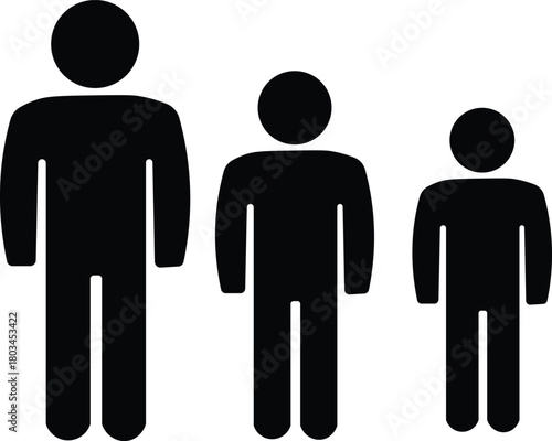 Three black stick figure silhouettes representing different heights or sizes of people standing side by side on a white background