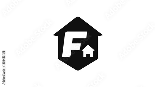 Modern black and white F letter house icon in hexagonal shape, minimalist real estate logo design for home, property, or finance.