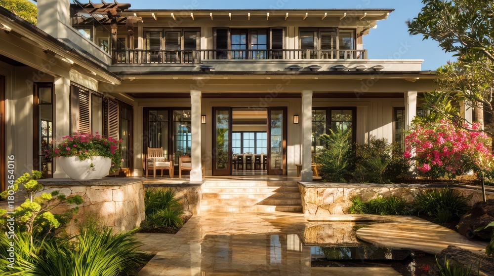 Fototapeta premium Coral-toned coastal home with wraparound balcony and louvered shutters high contrast morning lighting creating sharp shadows on columns