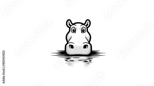 Cute cartoon hippo head emerging from water, black and white vector illustration with water ripples, friendly animal character design
