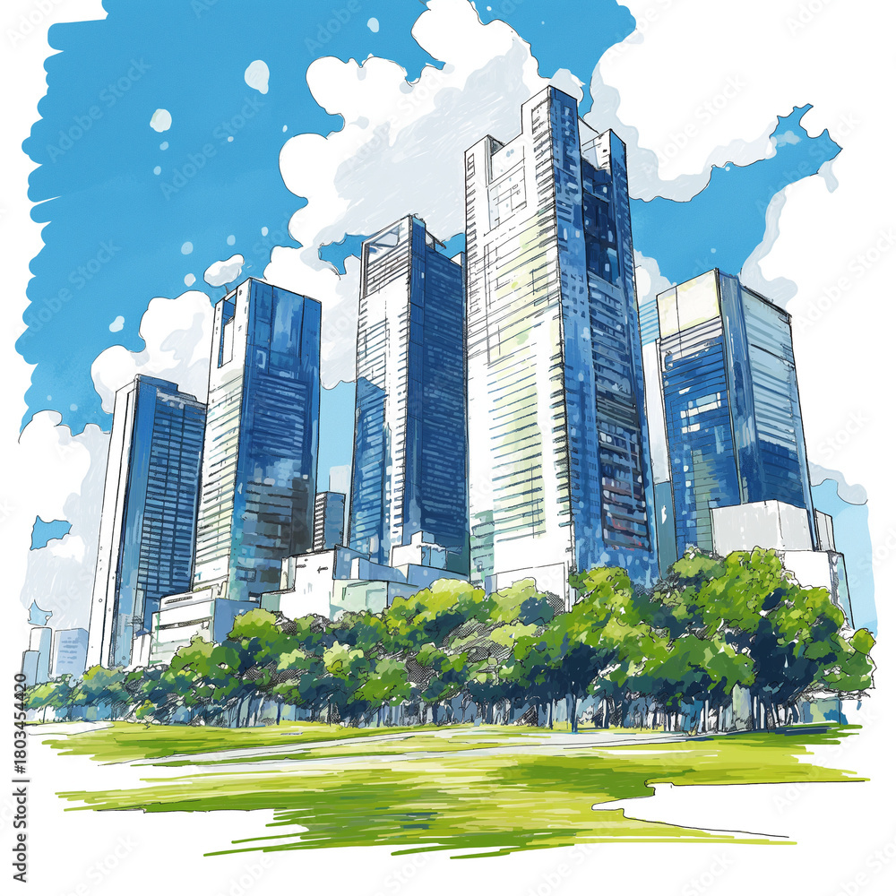 Obraz premium 雲が流れる都市の空、光と風が通り抜けるビル街の景色を、爽やかさと静けさで包んだアート素材