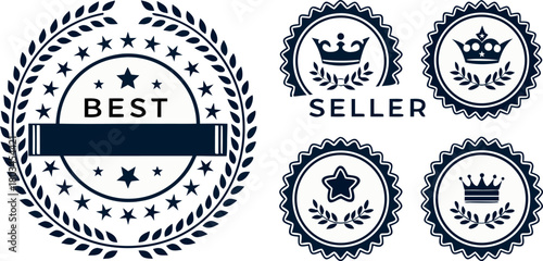 A collection of twelve Best Seller badges arranged in a grid formation against a white background. Each badge is designed with a circular or wreath-like frame, predominantly in a dark blue or navy col