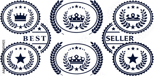 A collection of twelve Best Seller badges arranged in a grid formation against a white background. Each badge is designed with a circular or wreath-like frame, predominantly in a dark blue or navy col