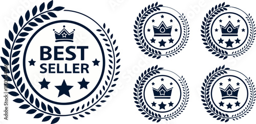 A collection of twelve Best Seller badges arranged in a grid formation against a white background. Each badge is designed with a circular or wreath-like frame, predominantly in a dark blue or navy col