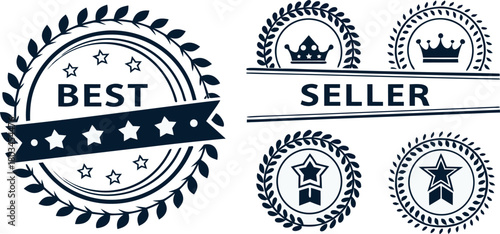 A collection of twelve Best Seller badges arranged in a grid formation against a white background. Each badge is designed with a circular or wreath-like frame, predominantly in a dark blue or navy col