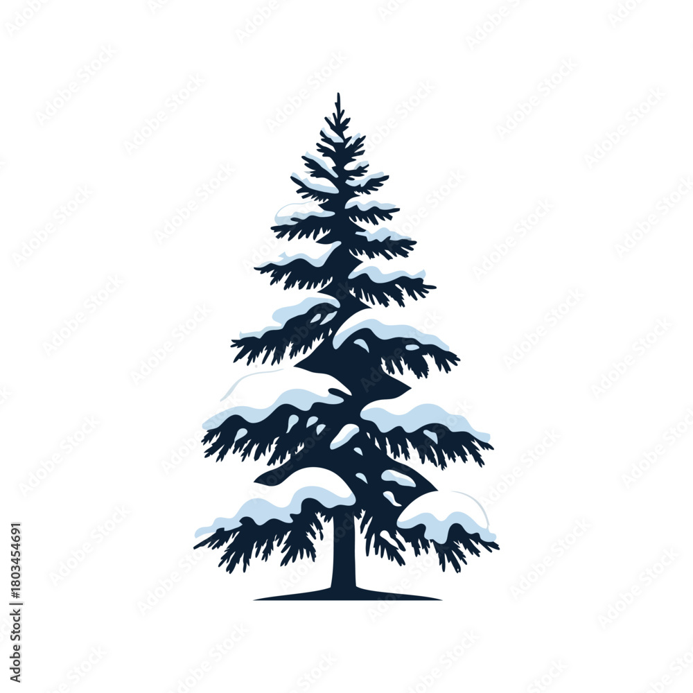 Obraz premium A stylized illustration of a tall evergreen fir tree with its branches covered in heavy white snow.