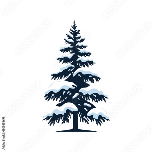 A stylized illustration of a tall evergreen fir tree with its branches covered in heavy white snow.