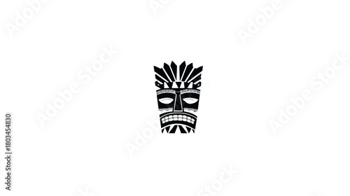 Stylized black and white tiki mask vector illustration. Traditional tribal art with decorative patterns and a fierce expression, isolated on white.